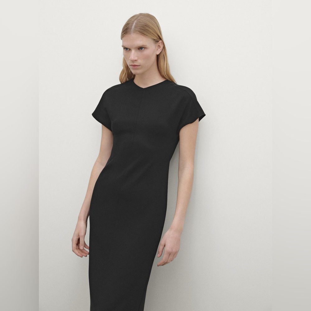 Massimo Dutti Black Viscose Blend Crepe Quiet Luxury, Normcore Midi Dress | 10 - Picture 2 of 7